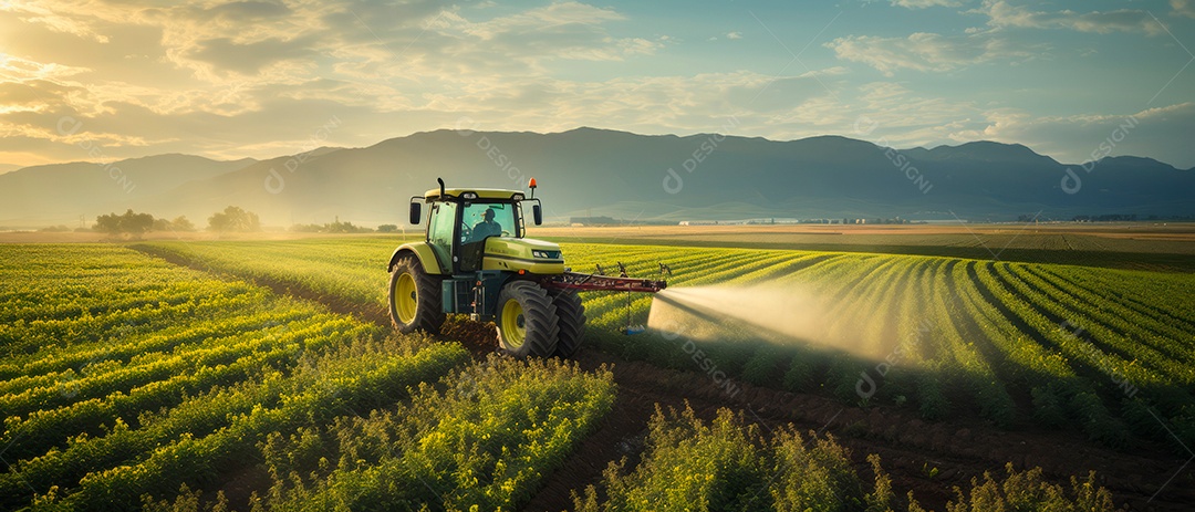 Um trator está pulverizando fertilizantes e produtos químicos, pesticidas.