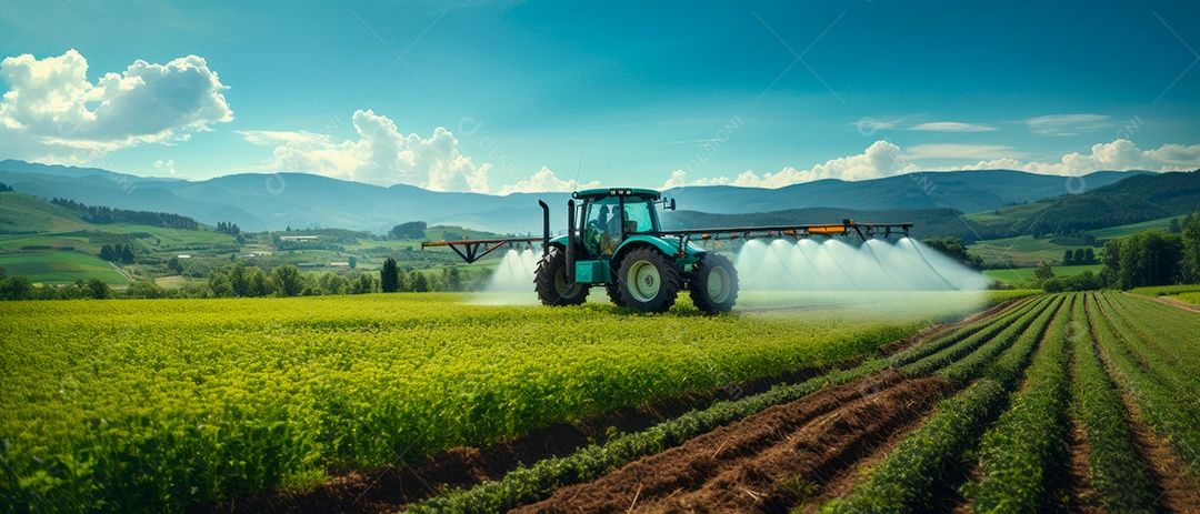 Um trator está pulverizando fertilizantes e produtos químicos, pesticidas.