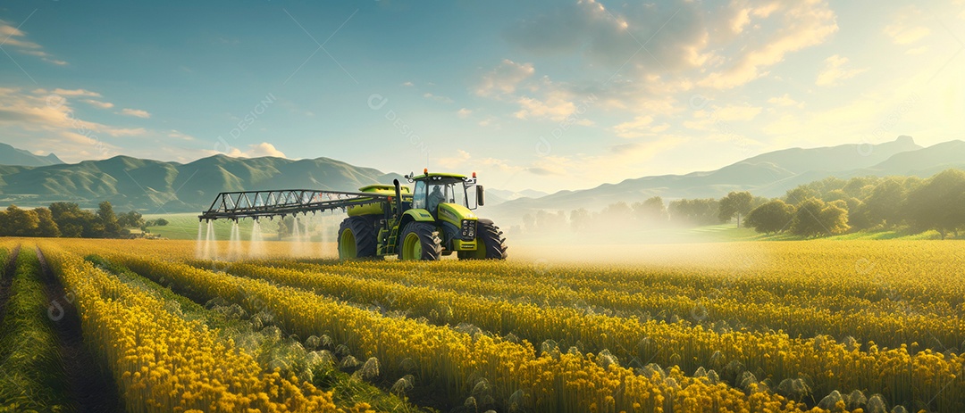 Um trator está pulverizando fertilizantes e produtos químicos, pesticidas.