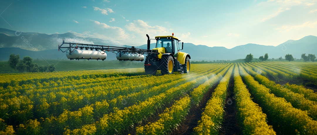 Um trator está pulverizando fertilizantes e produtos químicos, pesticidas.