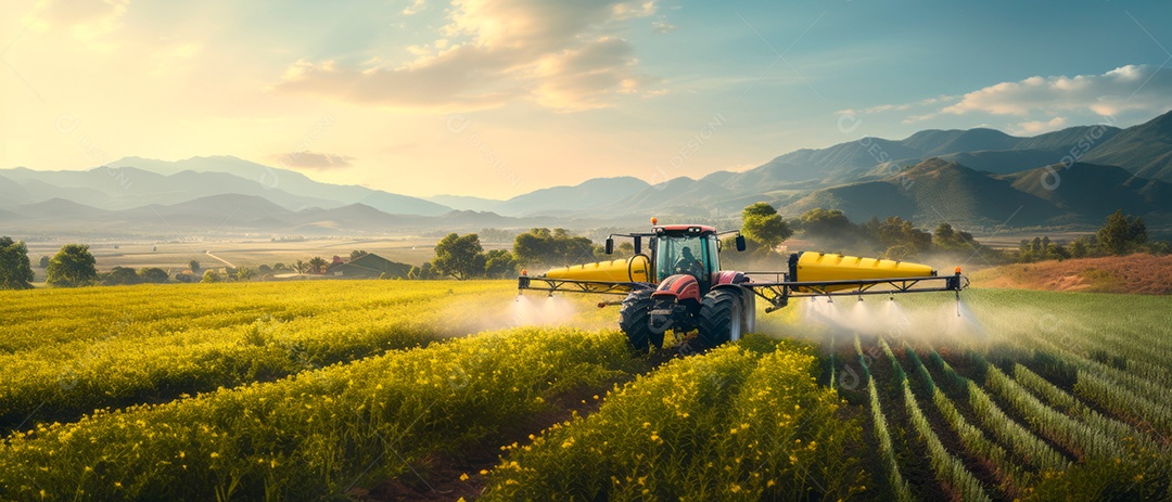 Um trator está pulverizando fertilizantes e produtos químicos, pesticidas.