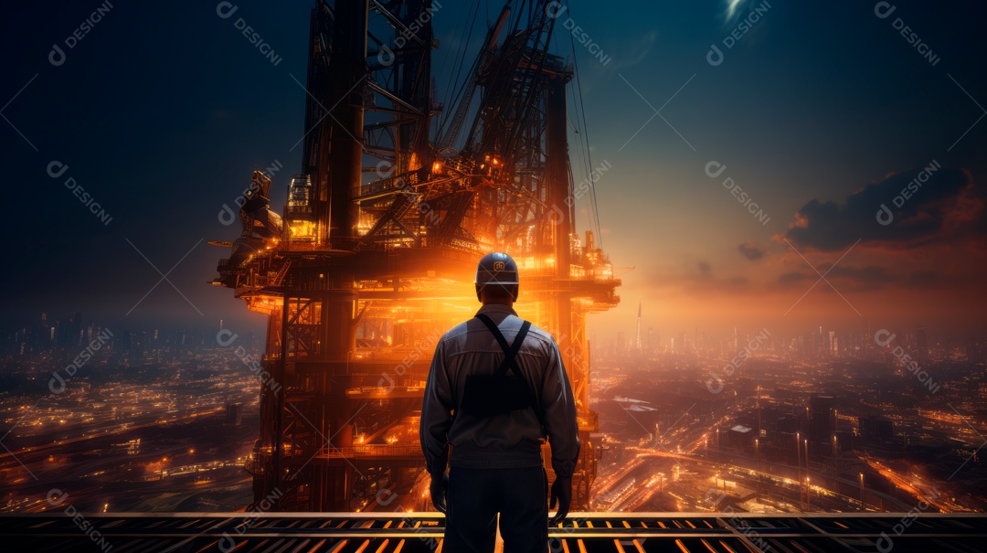 Técnico de engenharia observando equipe de trabalhadores em plataforma de aço de alta qualidade criada por IA generativa realista (32).