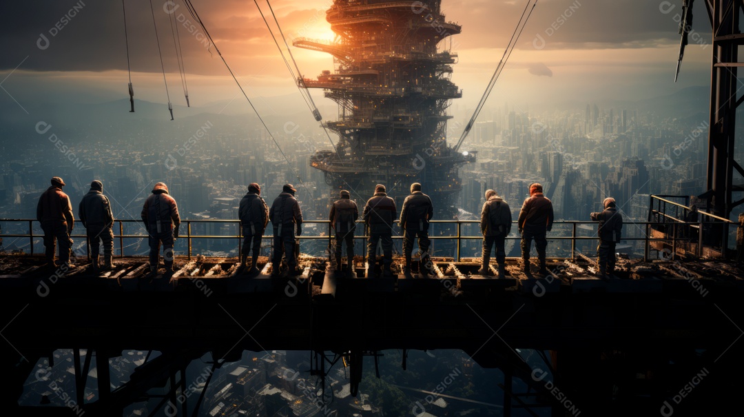 Técnico de engenharia observando equipe de trabalhadores em plataforma de aço de alta qualidade criada por IA generativa realista (32).
