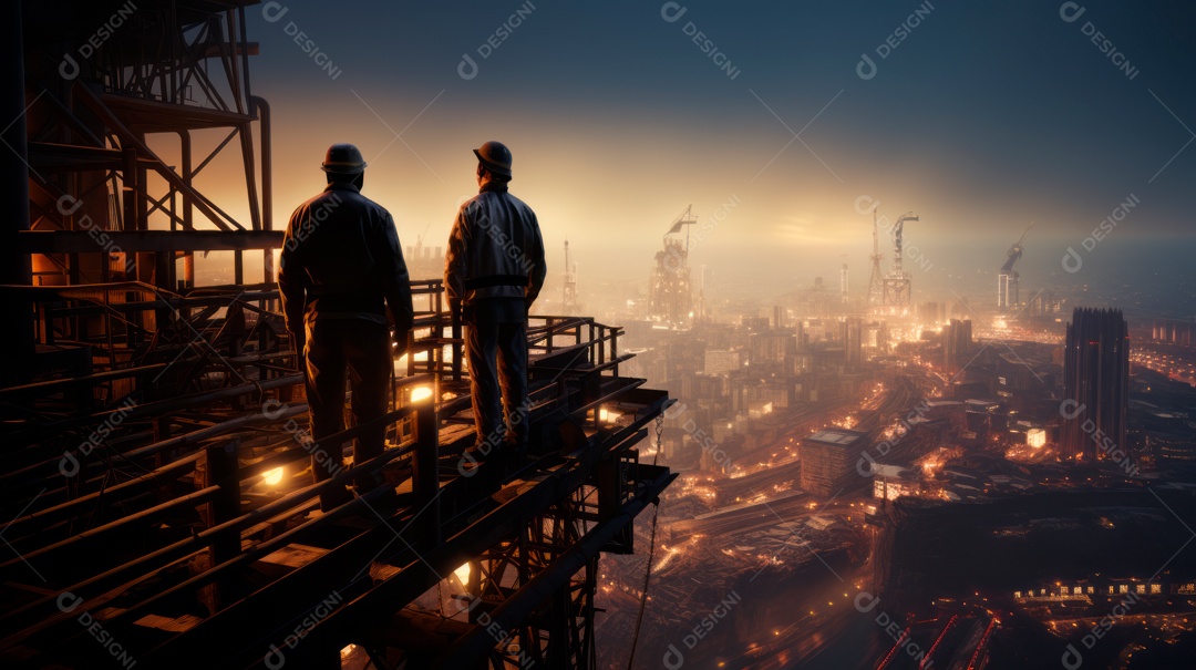 Técnico de engenharia observando equipe de trabalhadores em plataforma de aço de alta qualidade criada por IA generativa realista (32).