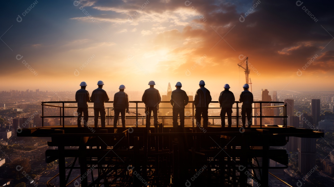Técnico de engenharia observando equipe de trabalhadores em plataforma de aço de alta qualidade criada por IA generativa realista (32).