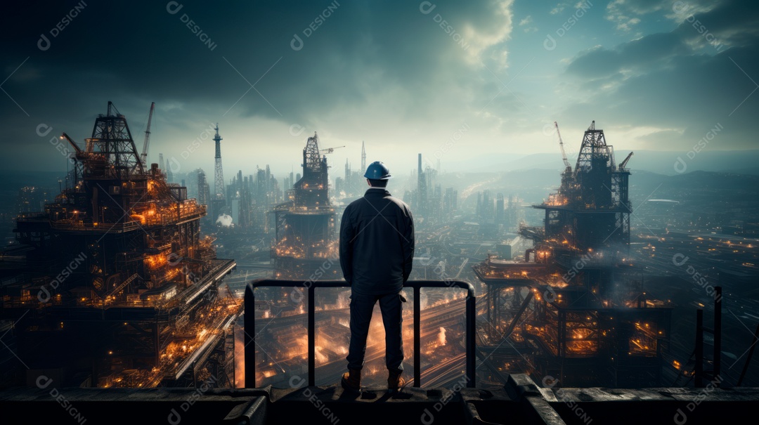 Técnico de engenharia observando equipe de trabalhadores em plataforma de aço de alta qualidade criada por IA generativa realista (32).