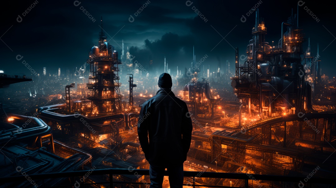 Técnico de engenharia observando equipe de trabalhadores em plataforma de aço de alta qualidade criada por IA generativa realista (32).