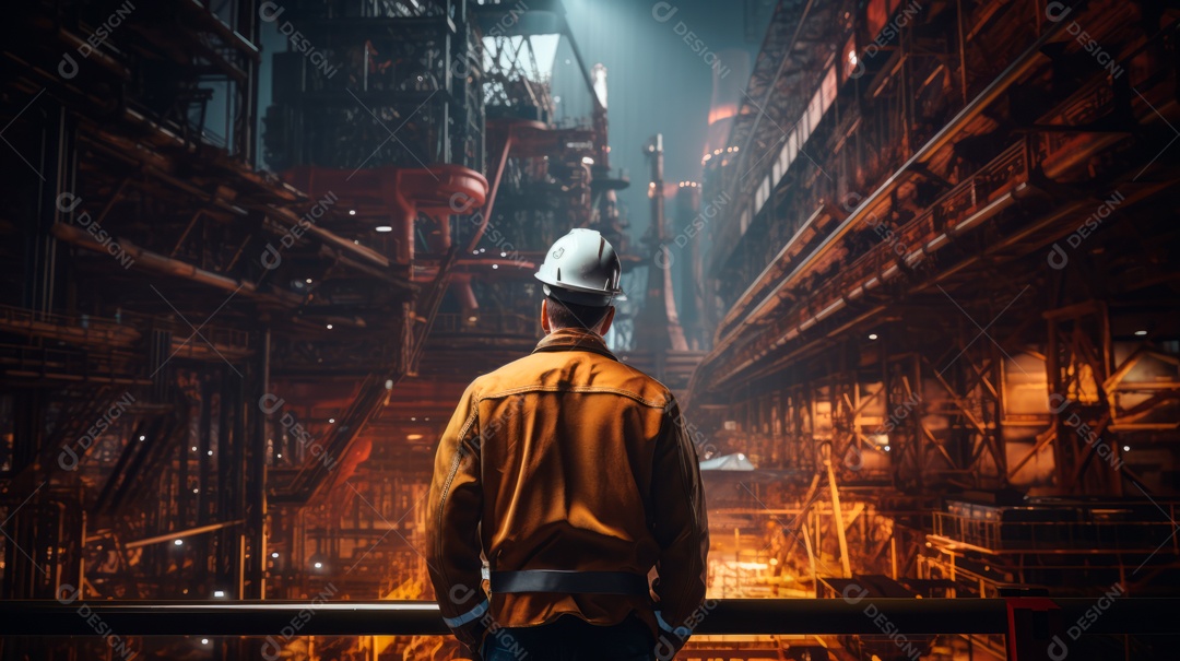 Técnico de engenharia observando equipe de trabalhadores em plataforma de aço de alta qualidade criada por IA generativa realista (32).