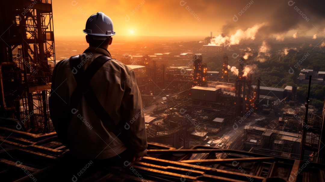 Técnico de engenharia observando equipe de trabalhadores em plataforma de aço de alta qualidade criada por IA generativa realista (32).