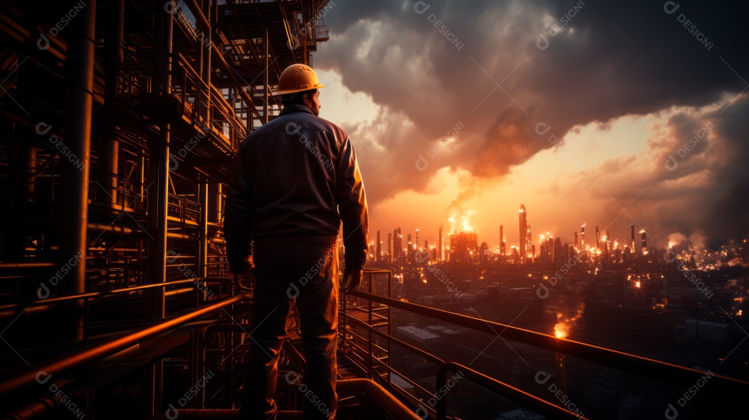 Técnico de engenharia observando equipe de trabalhadores em plataforma de aço de alta qualidade criada por IA generativa realista (32).