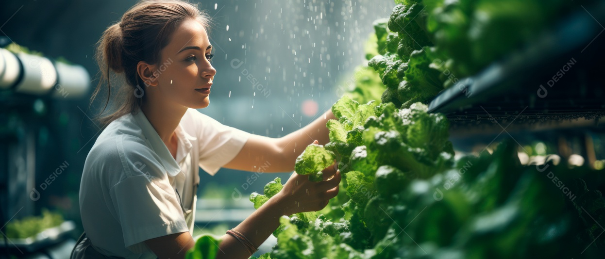 Funcionária está cuidando e colhendo vegetais cultivados em sistema hidropônico..