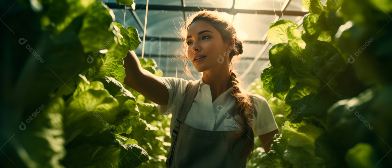 Funcionária está cuidando e colhendo vegetais cultivados em sistema hidropônico..