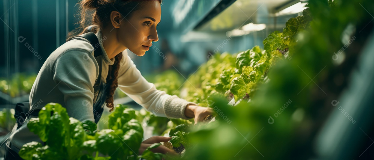 Funcionária está cuidando e colhendo vegetais cultivados em sistema hidropônico..