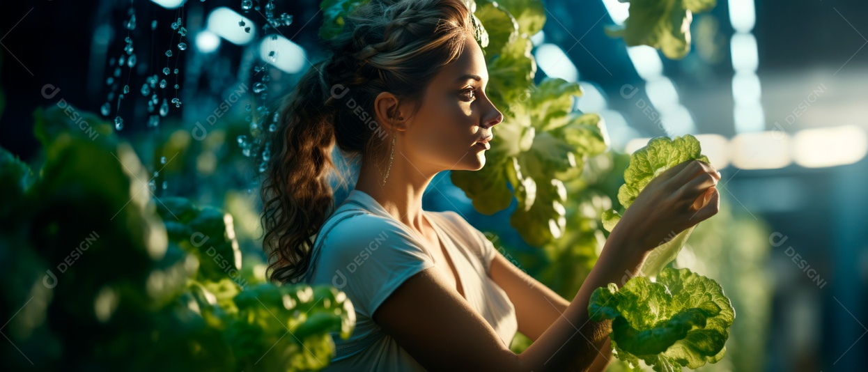 Funcionária está cuidando e colhendo vegetais cultivados em sistema hidropônico..