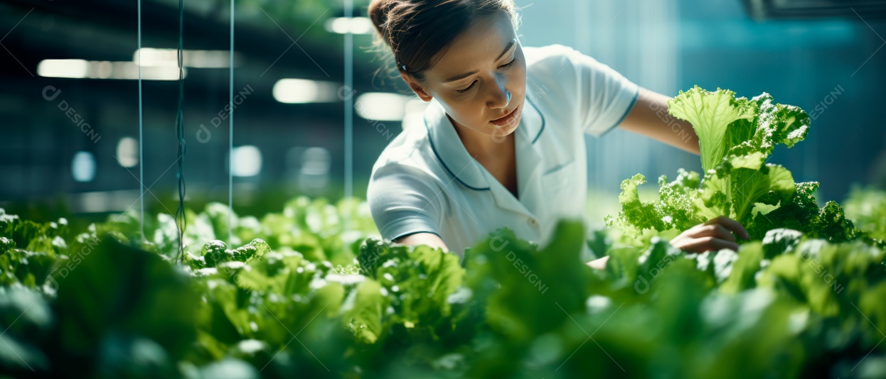 Funcionária está cuidando e colhendo vegetais cultivados em sistema hidropônico..