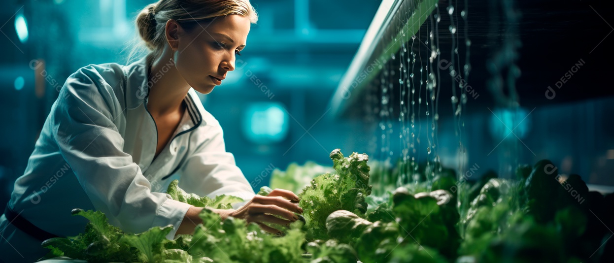 Funcionária está cuidando e colhendo vegetais cultivados em sistema hidropônico..