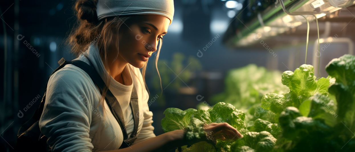 Funcionária está cuidando e colhendo vegetais cultivados em sistema hidropônico..