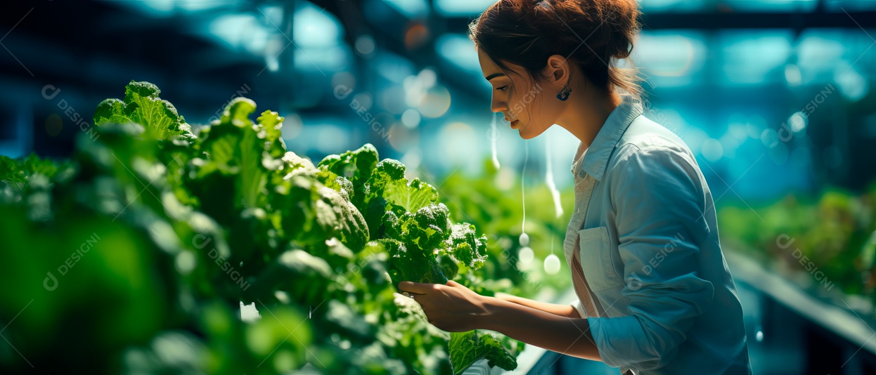 Funcionária está cuidando e colhendo vegetais cultivados em sistema hidropônico..