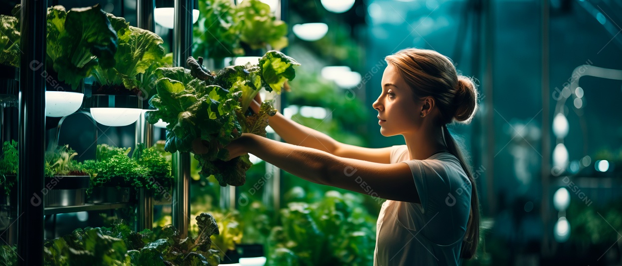Funcionária está cuidando e colhendo vegetais cultivados em sistema hidropônico..