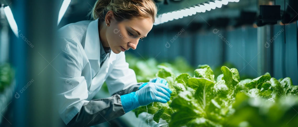 Funcionária está cuidando e colhendo vegetais cultivados em sistema hidropônico..