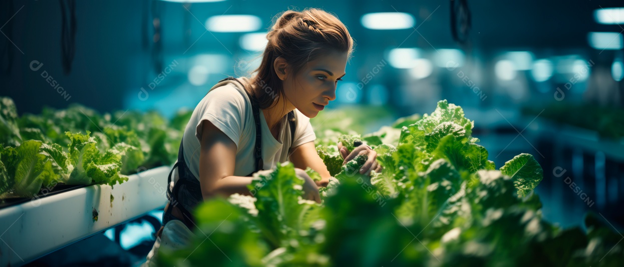 Funcionária está cuidando e colhendo vegetais cultivados em sistema hidropônico..