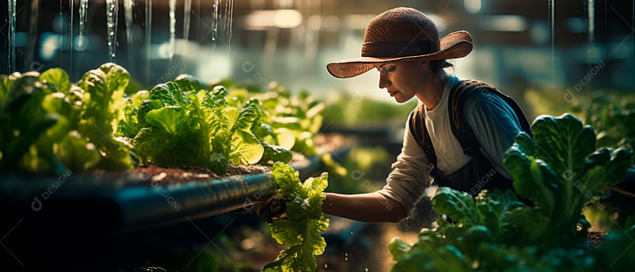 Funcionária está cuidando e colhendo vegetais cultivados em sistema hidropônico..