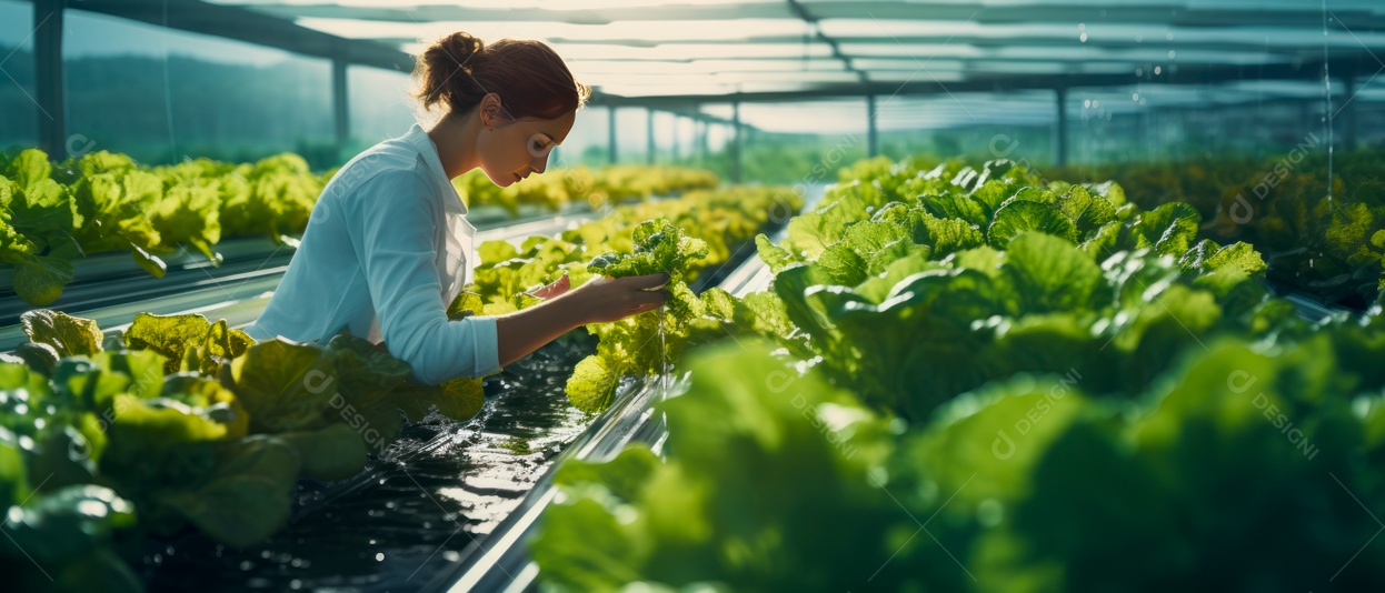 Funcionária está cuidando e colhendo vegetais cultivados em sistema hidropônico..