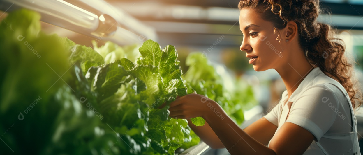 Funcionária está cuidando e colhendo vegetais cultivados em sistema hidropônico..