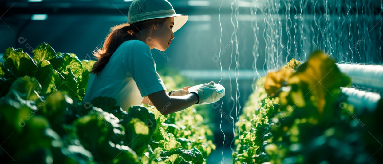 Funcionária está cuidando e colhendo vegetais cultivados em sistema hidropônico..