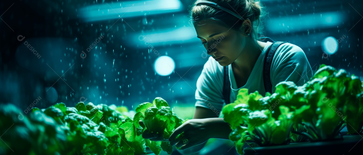 Funcionária está cuidando e colhendo vegetais cultivados em sistema hidropônico..