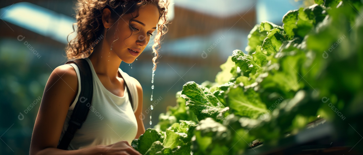 Funcionária está cuidando e colhendo vegetais cultivados em sistema hidropônico..