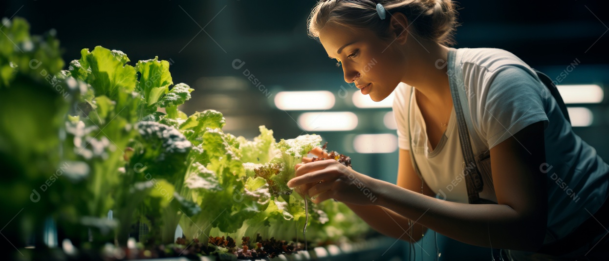 Funcionária está cuidando e colhendo vegetais cultivados em sistema hidropônico..
