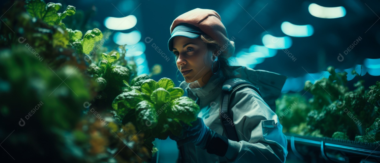 Funcionária está cuidando e colhendo vegetais cultivados em sistema hidropônico..