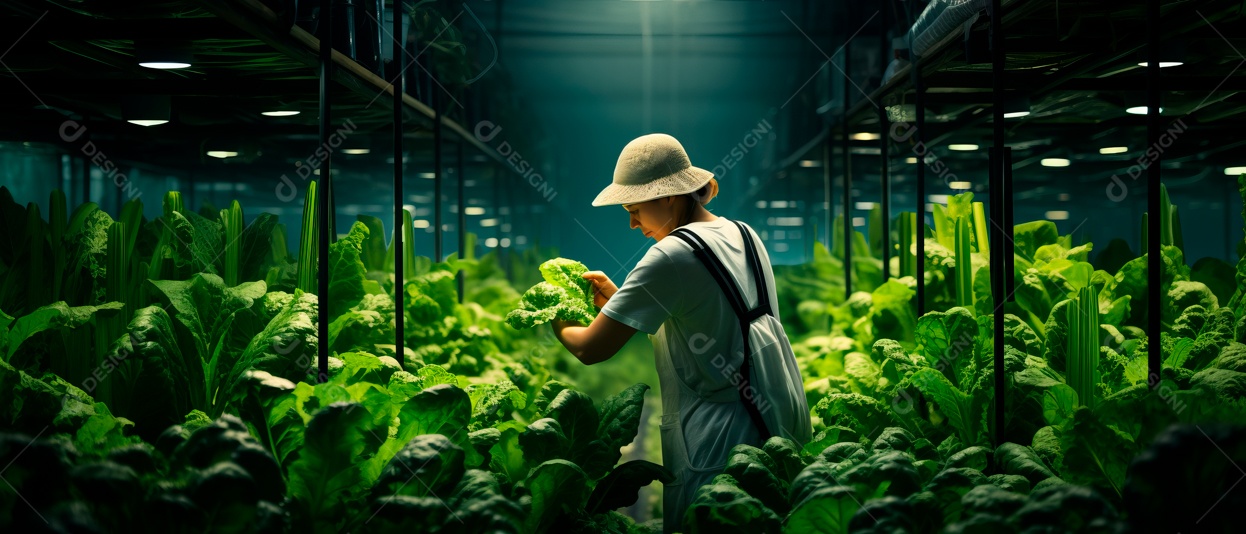 Funcionária está cuidando e colhendo vegetais cultivados em sistema hidropônico..