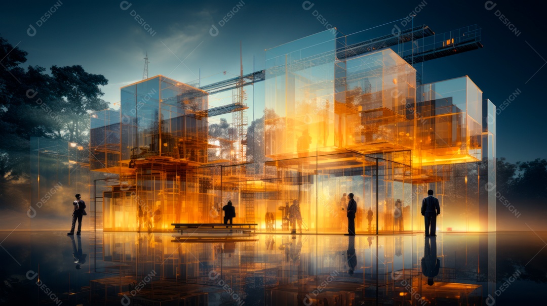 Future building construction engineering project devotion with double exposure graphic design created by realistic Generative AI (2).