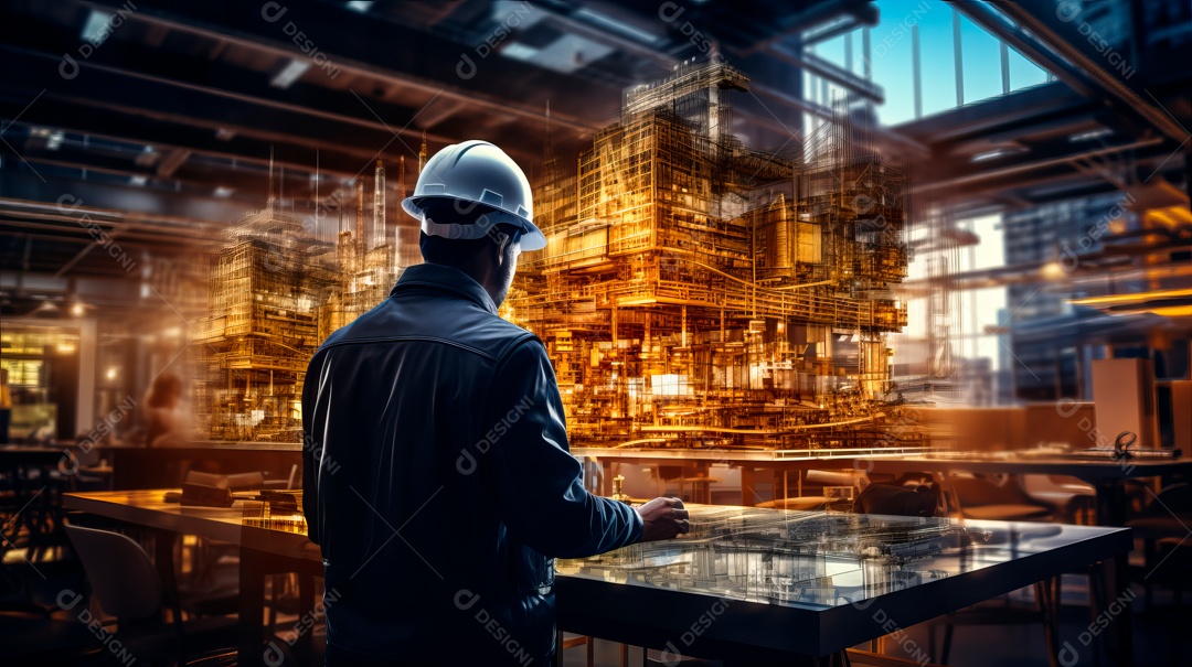 Devoção do futuro projeto de engenharia de construção civil com design gráfico de dupla exposição.