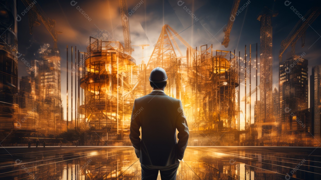 Devoção do futuro projeto de engenharia de construção civil com design gráfico de dupla exposição.