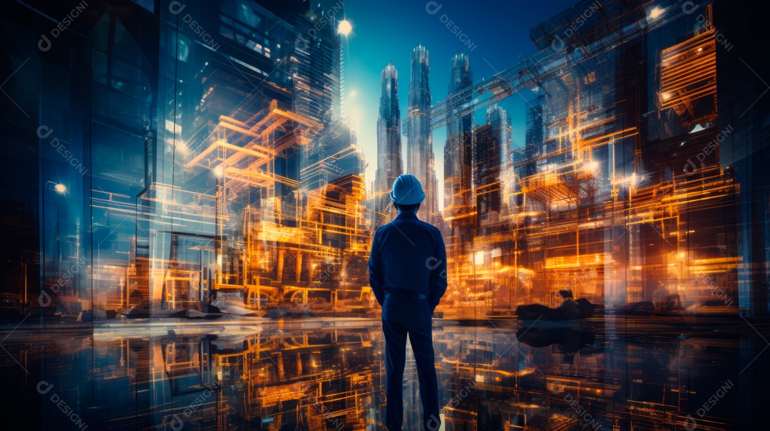 Devoção do futuro projeto de engenharia de construção civil com design gráfico de dupla exposição.