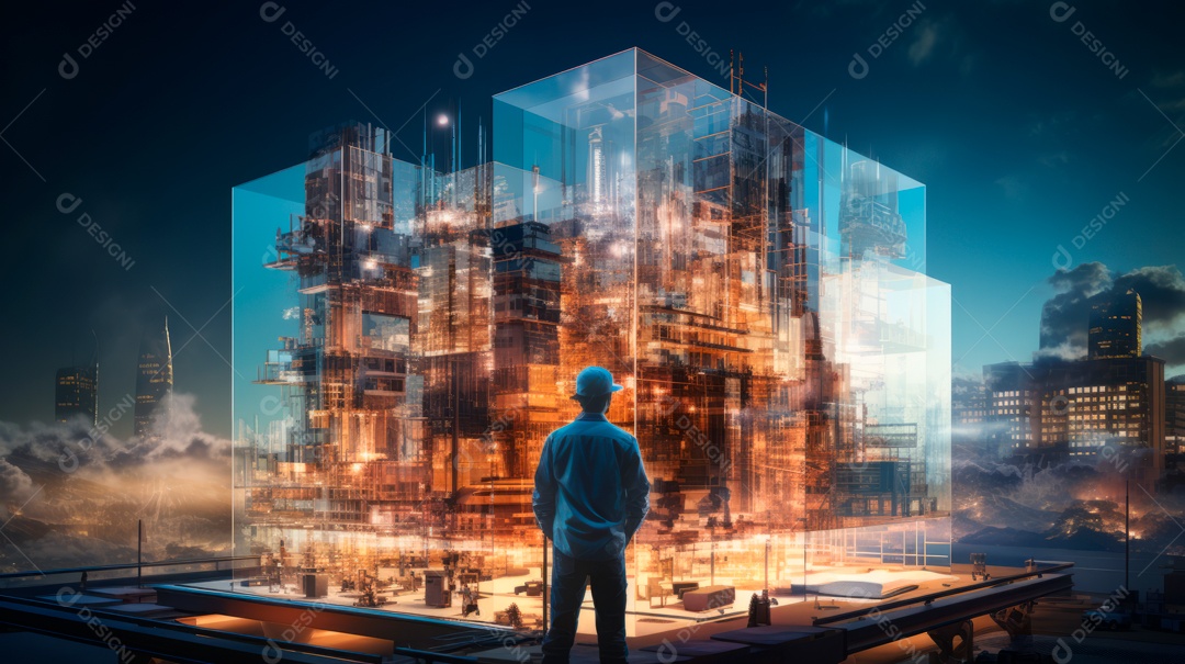 Devoção do futuro projeto de engenharia de construção civil com design gráfico de dupla exposição.