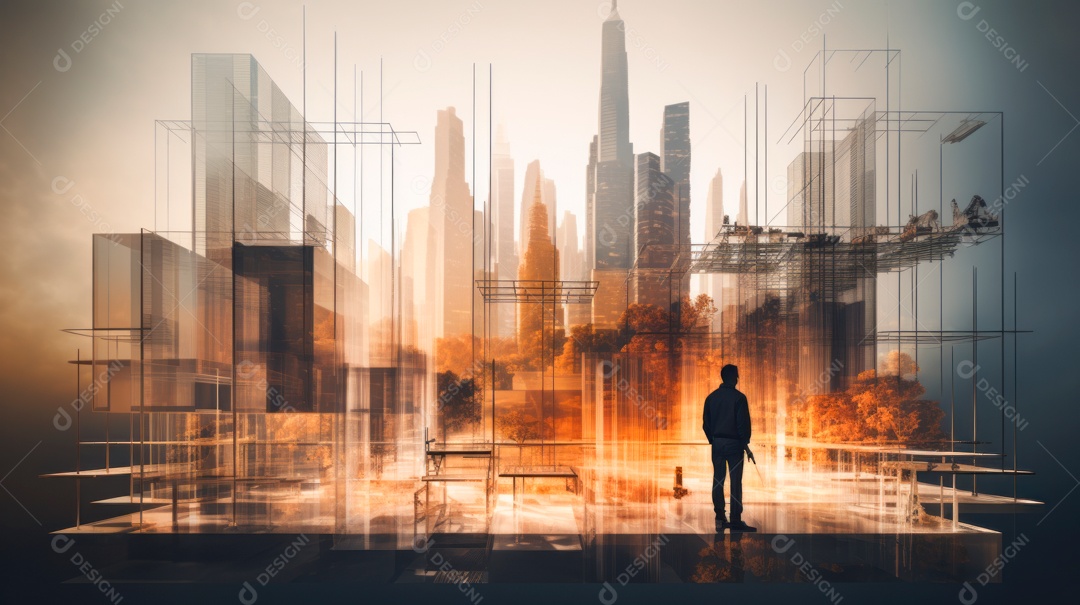 Devoção do futuro projeto de engenharia de construção civil com design gráfico de dupla exposição.