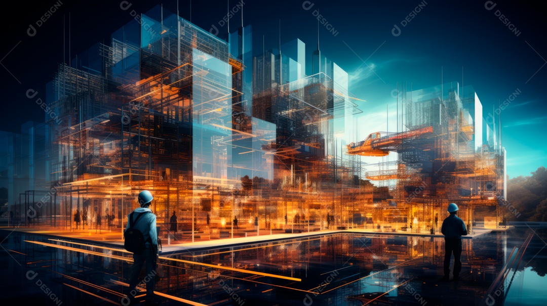 Devoção do futuro projeto de engenharia de construção civil com design gráfico de dupla exposição.