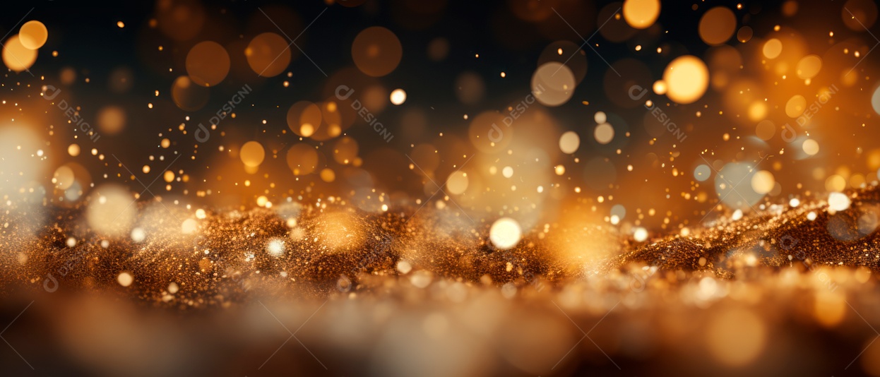 Partículas douradas de Natal e granulados para uma celebração de feriado como Natal ou ano novo. luzes douradas brilhantes.