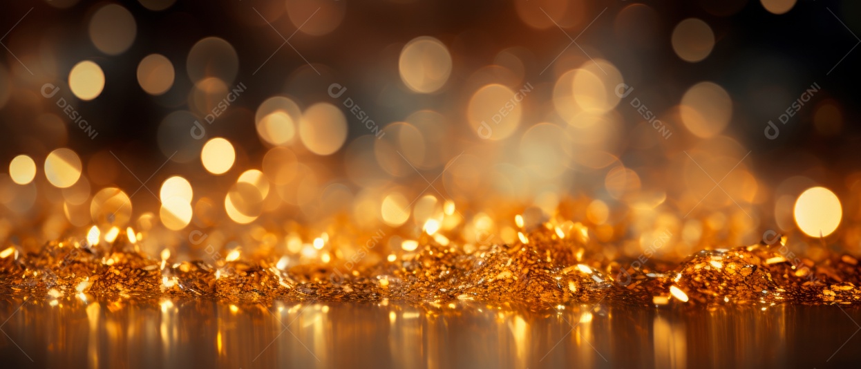 Partículas douradas de Natal e granulados para uma celebração de feriado como Natal ou ano novo. luzes douradas brilhantes.