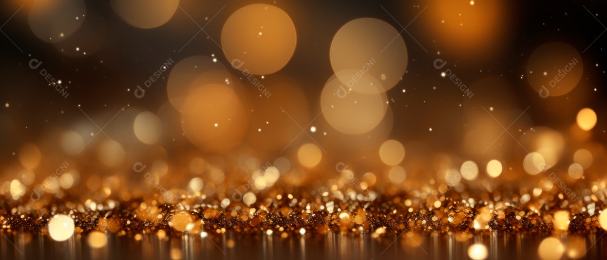 Partículas douradas de Natal e granulados para uma celebração de feriado como Natal ou ano novo. luzes douradas brilhantes.