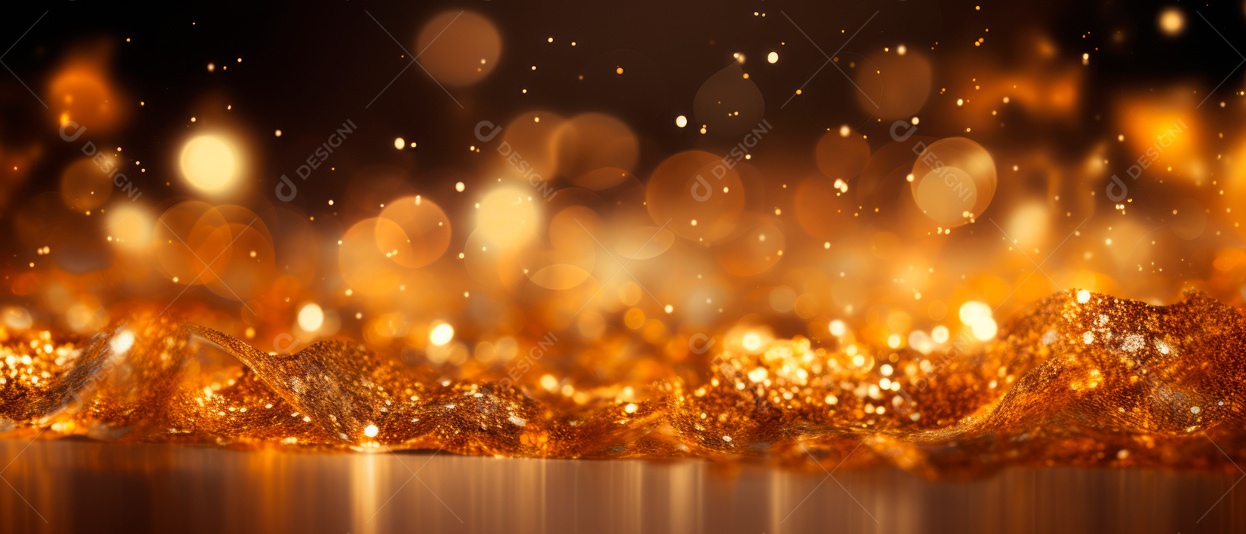 Partículas douradas de Natal e granulados para uma celebração de feriado como Natal ou ano novo. luzes douradas brilhantes.