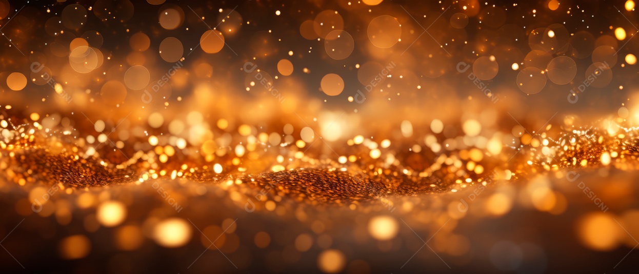 Partículas douradas de Natal e granulados para uma celebração de feriado como Natal ou ano novo. luzes douradas brilhantes.