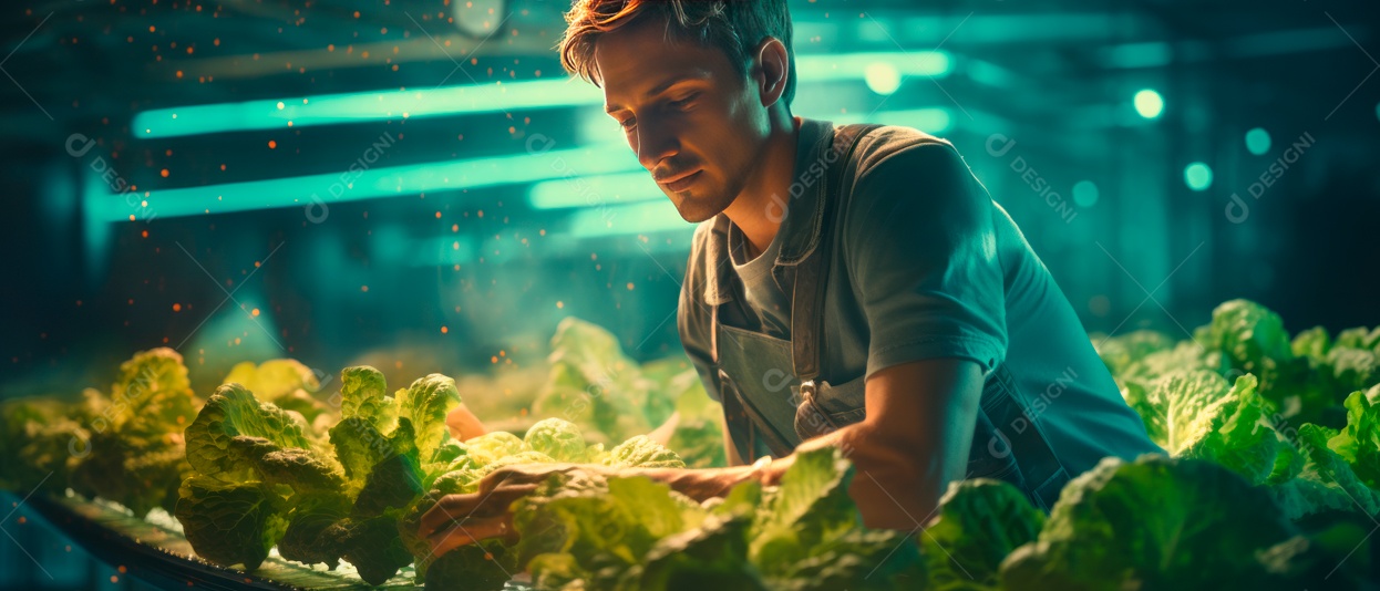 Funcionário do sexo masculino está cuidando da colheita de vegetais.