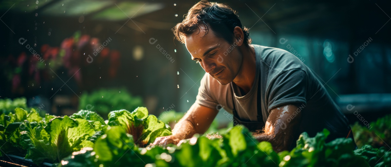 Funcionário do sexo masculino está cuidando da colheita de vegetais.