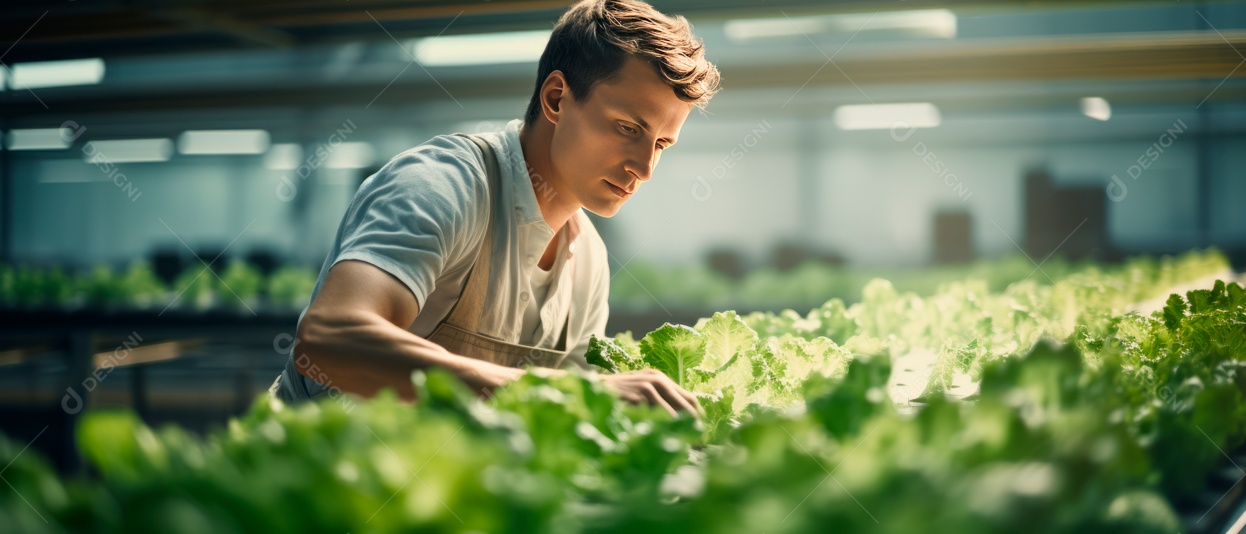Funcionário do sexo masculino está cuidando da colheita de vegetais.