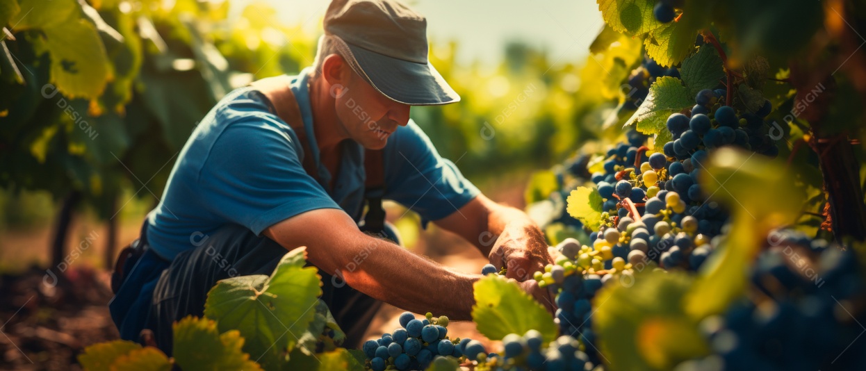 Mãos de pessoas colhendo uvas.